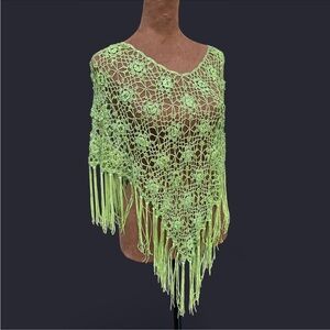 Space Age vintage green crochet shawl with floral beaded details and fringe edge